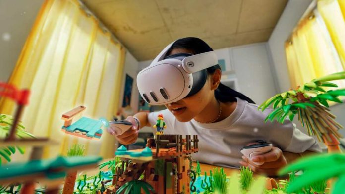 a woman wearing virtual reality goggles playing with toys