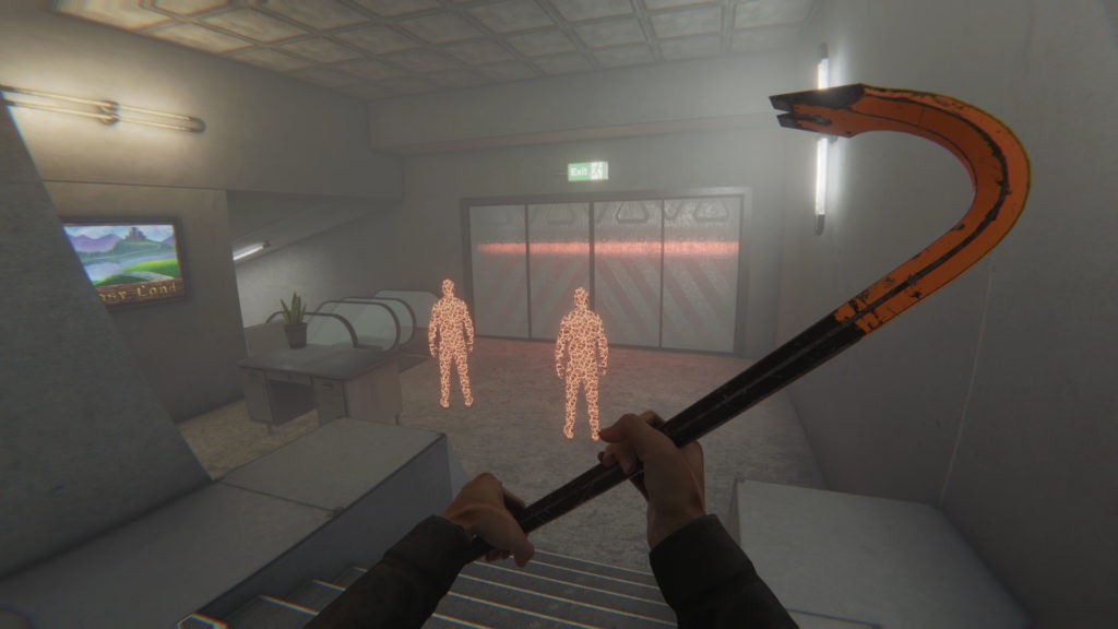 Bonelab VR player holding a crowbar facing glowing holographic enemies inside a simulation level