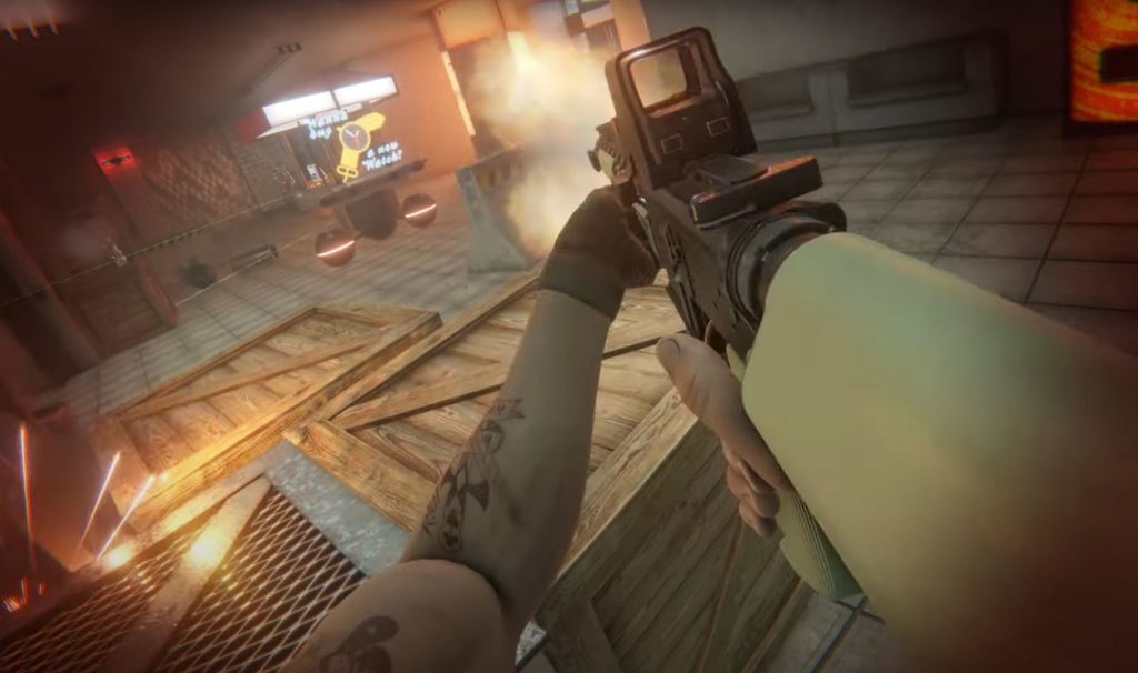 Bonelab VR gameplay showing intense first-person shooting in the sandbox mode using a tactical rifle